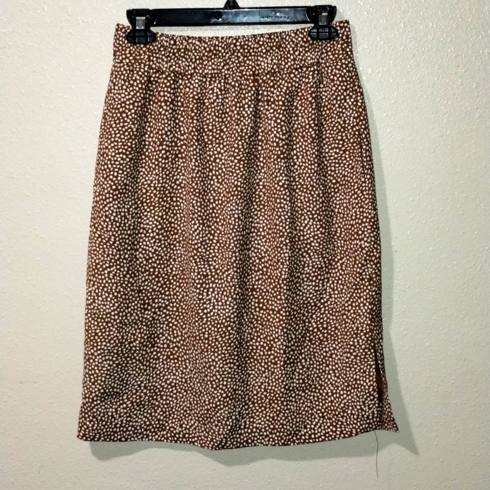 J Crew brown and white dots side slit midi skirt size small